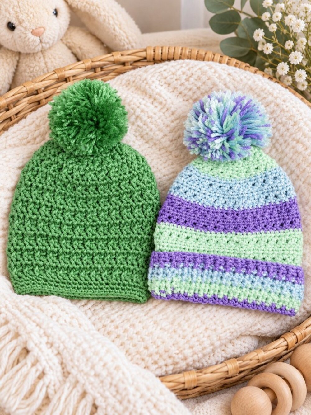 Hand Made Crochet Green & Purple Stripe Pom Top Sock Cap Beanie Hat Set Newborn